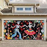 HOMETITUTE Day of the Dead Garage Door Banner Dancing Skeleton Couple Sugar Skull Music Flowers Papel Picado Hanging Photo Background Decor Indoor Outdoor Fiesta Party Decorations 13x6ft
