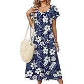 Zeagoo Women Midi Dresses for Summer 2026 Short Sleeve Casual Flowy Dress A Line Pleated V Neck Beach Sundress with Pockets