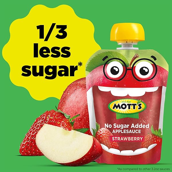 MOTT’S NO SUGAR ADDED STRAWBERRY APPLESAUCE, 3.2 OZ CLEAR POUCHES, 12 COUNT
