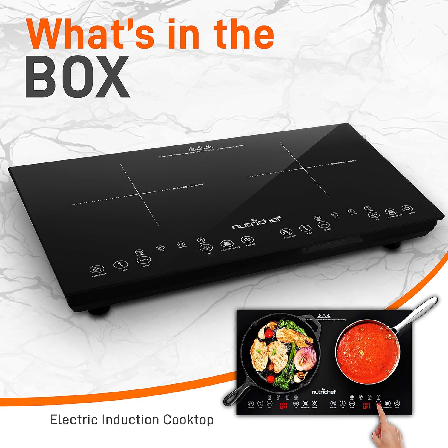 NutriChef Double Induction Cooktop 120V Portable Digital Ceramic Dual Burner w/Kids Safety Lock-Works with Flat Cast Iron Pan,1800 Watt,Touch Sensor, 12 Controls PKSTIND48: Kitchen & Dining