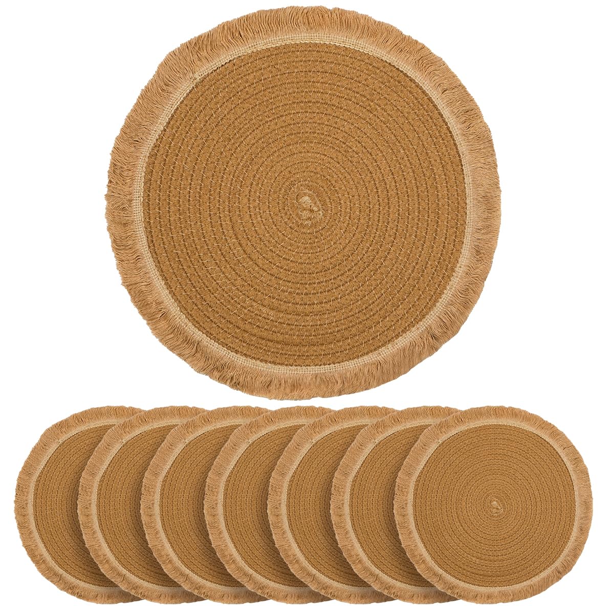 Photo 1 of 13.8 in Round Woven Boho Placemats Set of 8, Washable Cotton Farmhouse Rustic Place Mats for Dining Table Decor, Tassels Table Mats Plate Chargers for Dinner Plates