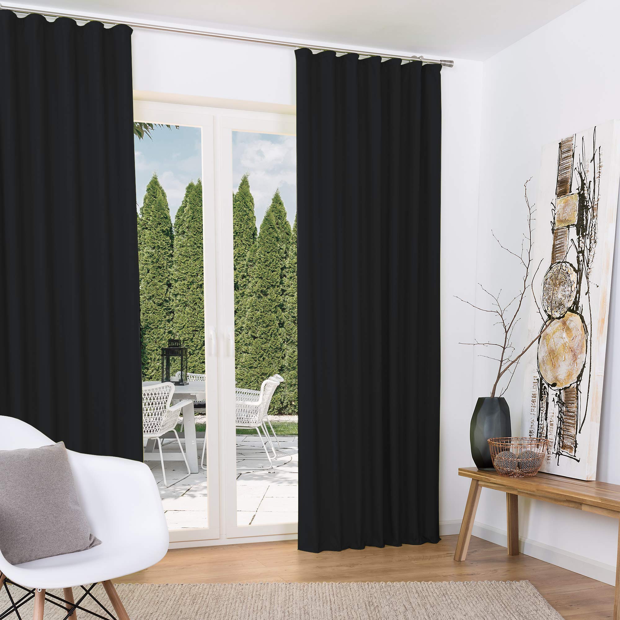 Beautissu Thermal Curtain Set 140x245cm Amelie - 2 Panels Bedroom Curtain – Insulating Window Drapes – Long Drapes for Windows with Ruffle Set of 2 Opaque Curtains in Black