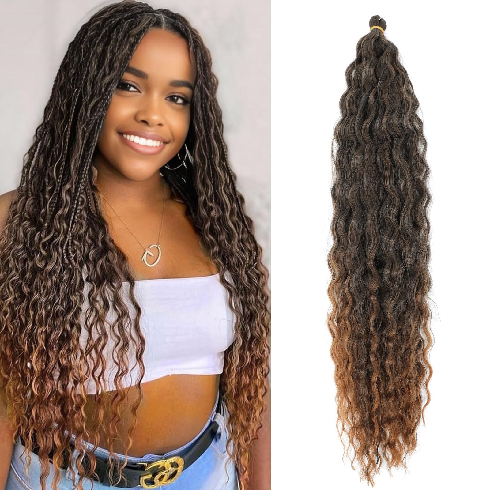 TAOYEMY Deep Wave Crochet Curly Braiding Hair 16 Inch 3 Packs Ocean Wave Crochet Hair Extensions Synthetic Curly Crochet Hair For Women (T30#, 16 inch-3 PC) — image 1
