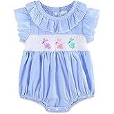 Baby Girl Outfit Infant Bunny Smocked Romper Onesie Short Sleeve Summer Plaid Clothes for 0~24M