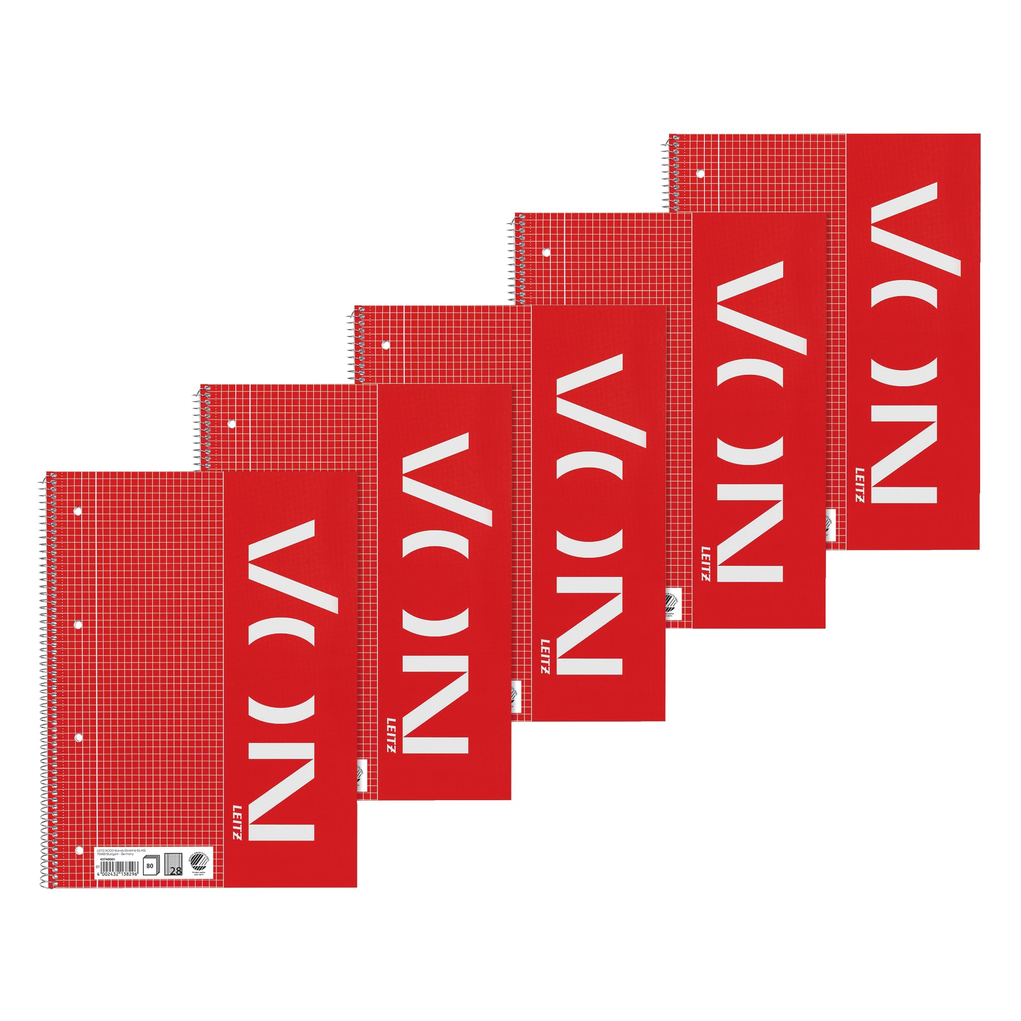 Leitz VON College Notepad A4 Squared Pack of 5 Notepad with 160 Pages, 80 Sheets, Ideal for Students and Students, with Margin Left, 45740001