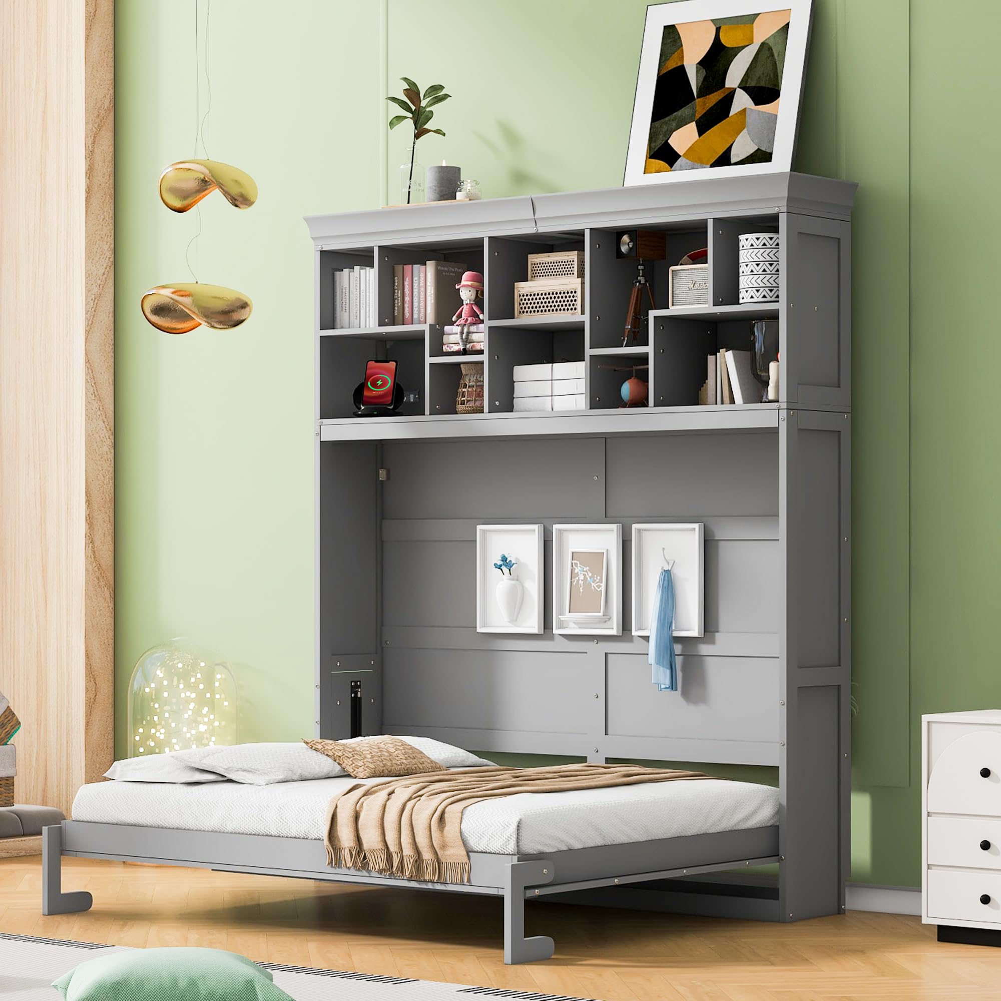 Photo 1 of Merax Farmhouse Solid Wood Murphy Bed Chest with Top Shelves & USB Charging, Storage Wall Platform Bed with Wood Slat Support/Space Saving Queen,Gray