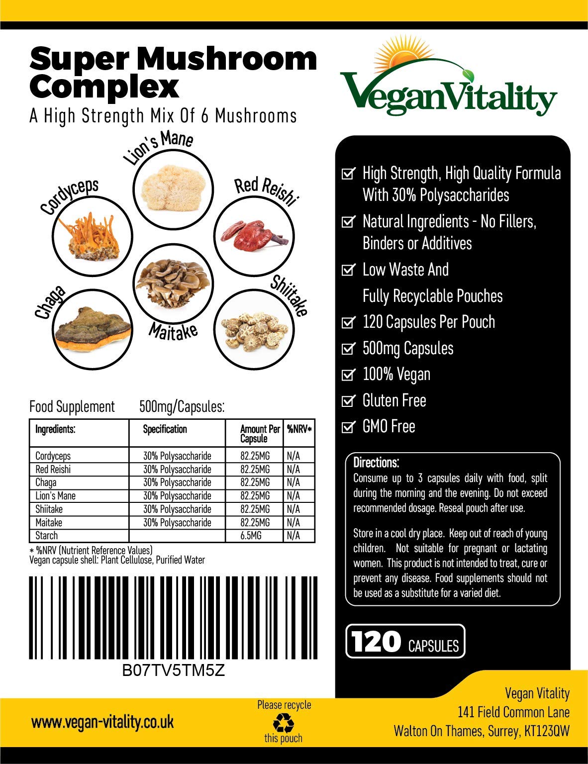 Super Mushroom Complex. High Strength Formula of 6 Mushrooms - Lions Mane, Reishi, Chaga, Shitake, Cordyceps & Maitake. 120 Capsules. 500mg Per Capsule.