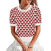 Women Puff Short Sleeve Sweater Casual Cropped Knit Shirts Cute Heart Holidays Graphic Print Pullover Jumper Tops 2025