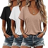 Riyiper 3 Pack Women's V Neck Shirt, Summer Rolled Sleeve Solid Tops Casual Loose Tees Lightweight Basic Soft Tshirt