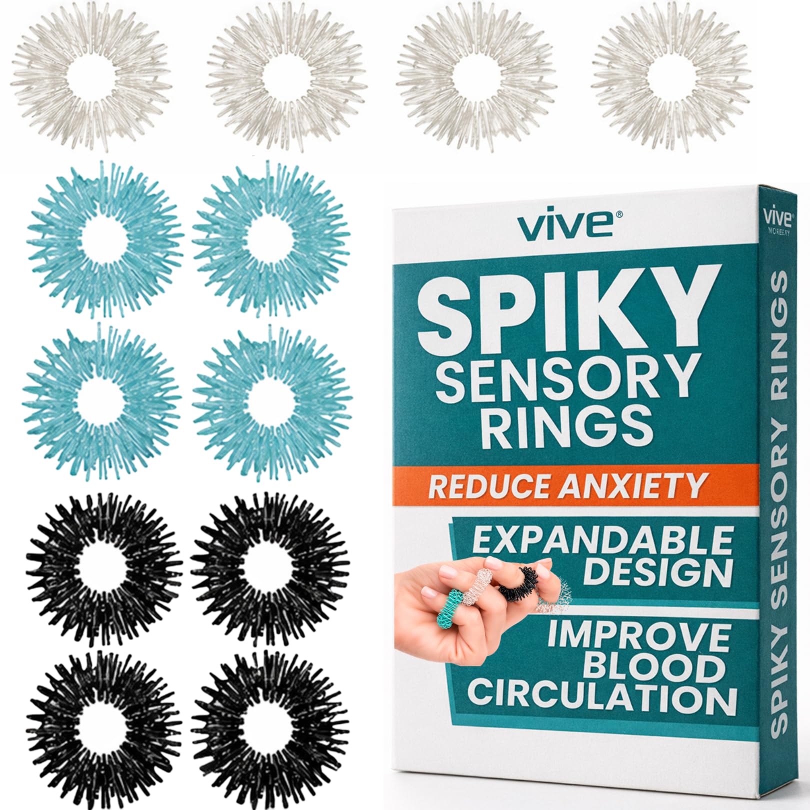 Vive Spike Fidget Rings (12 Piece) - Metal Spiky Fidget Band - for Anxiety, Stress Relief, Kids, Women, Men, Children - Silent Finger Massage Roller - for Acupressure, Home, School, Car and Travel
