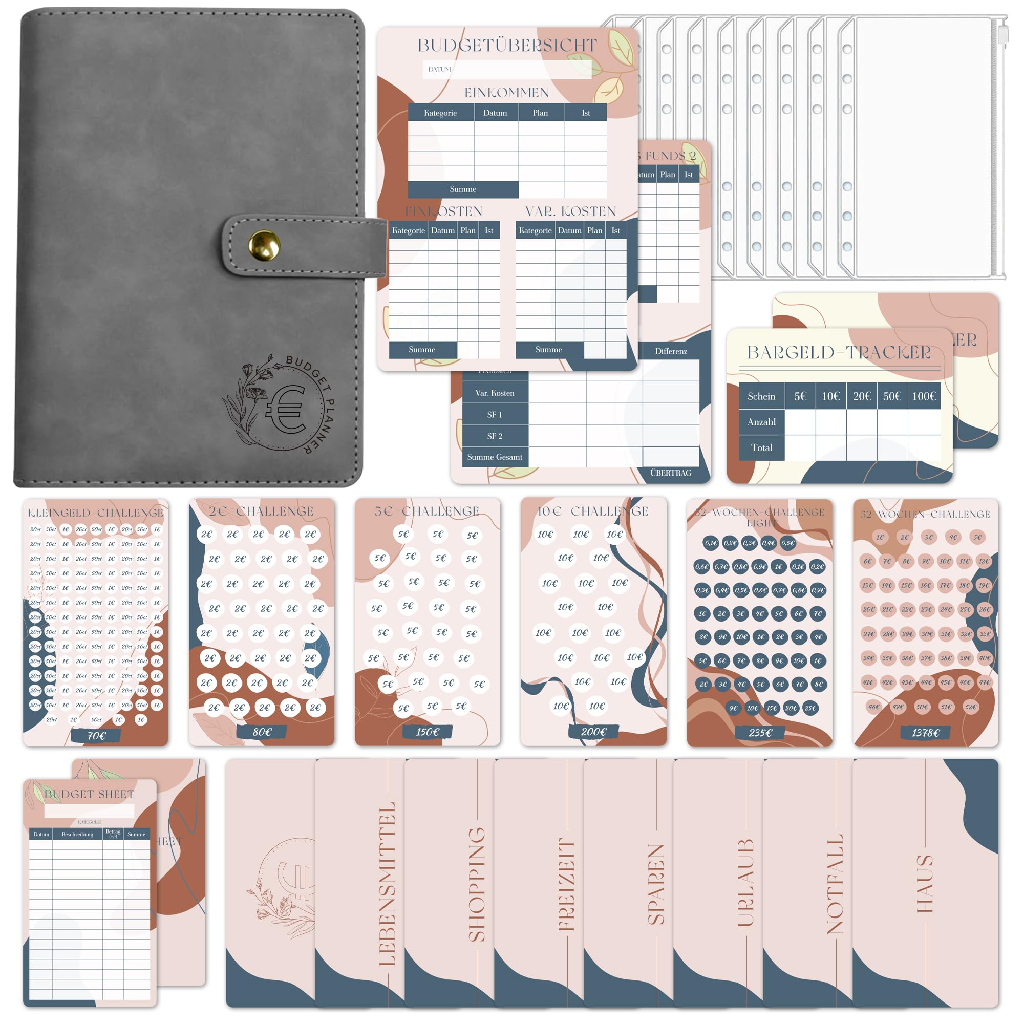 BIROYAL Budget Planner German | Bug Planner German Starter Set with Economy Challenge | Budget Planner | Save with Envelope Method, Budget Binder A6 Suede + Instructions for Beginners (Grey)