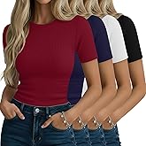 Neer 4 Pack Women's Short Sleeve T-Shirts Cotton Slim Fitted Ribbed Tops Crew Neck Summer Casual Shirt Basic Tight Tees 2026