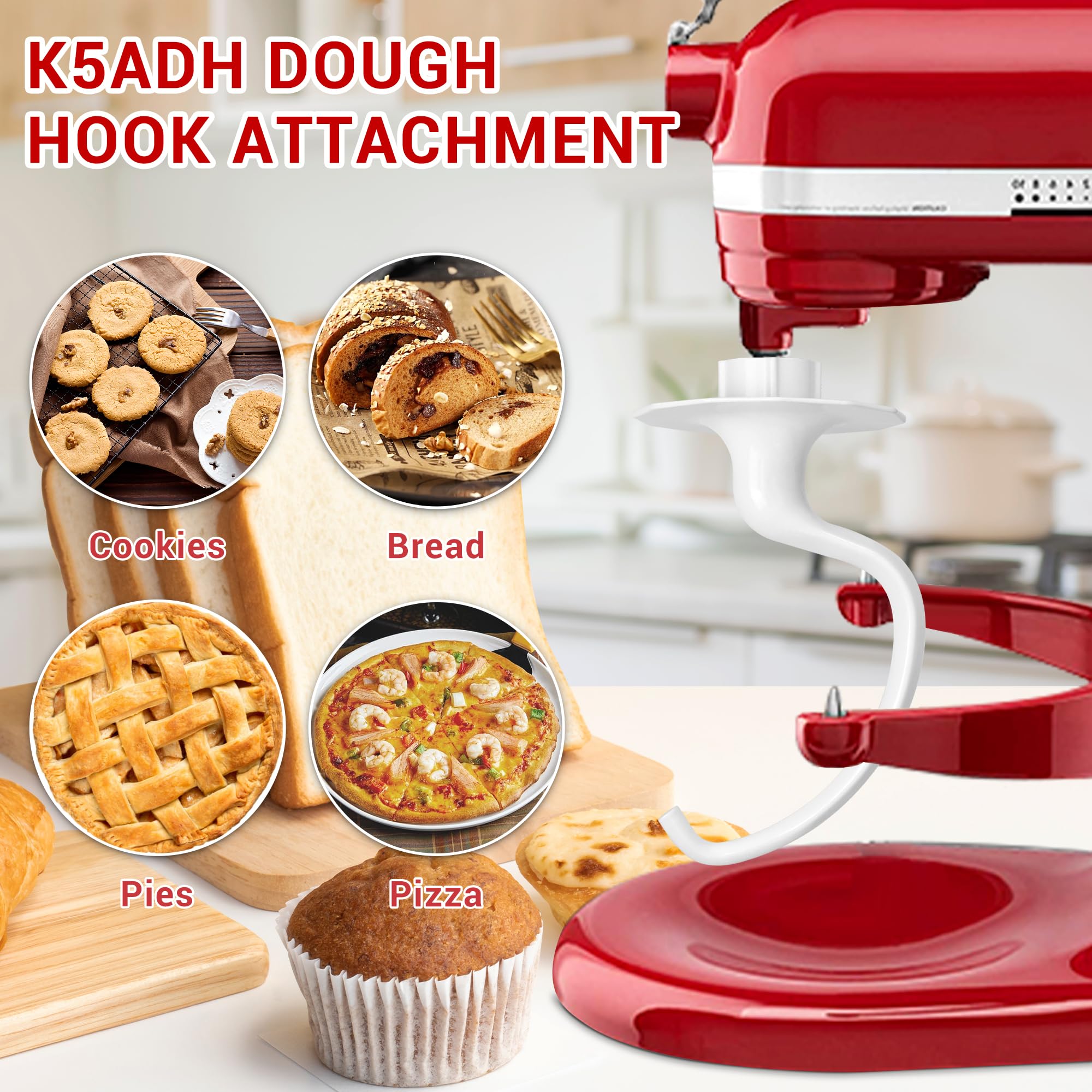 K5ADH Dough Hook for KitchenAid 6 Quart Bowl-Lift Stand Mixer, Dough Hook Replacement for KitchenAid Professional 600 Series Mixers, White