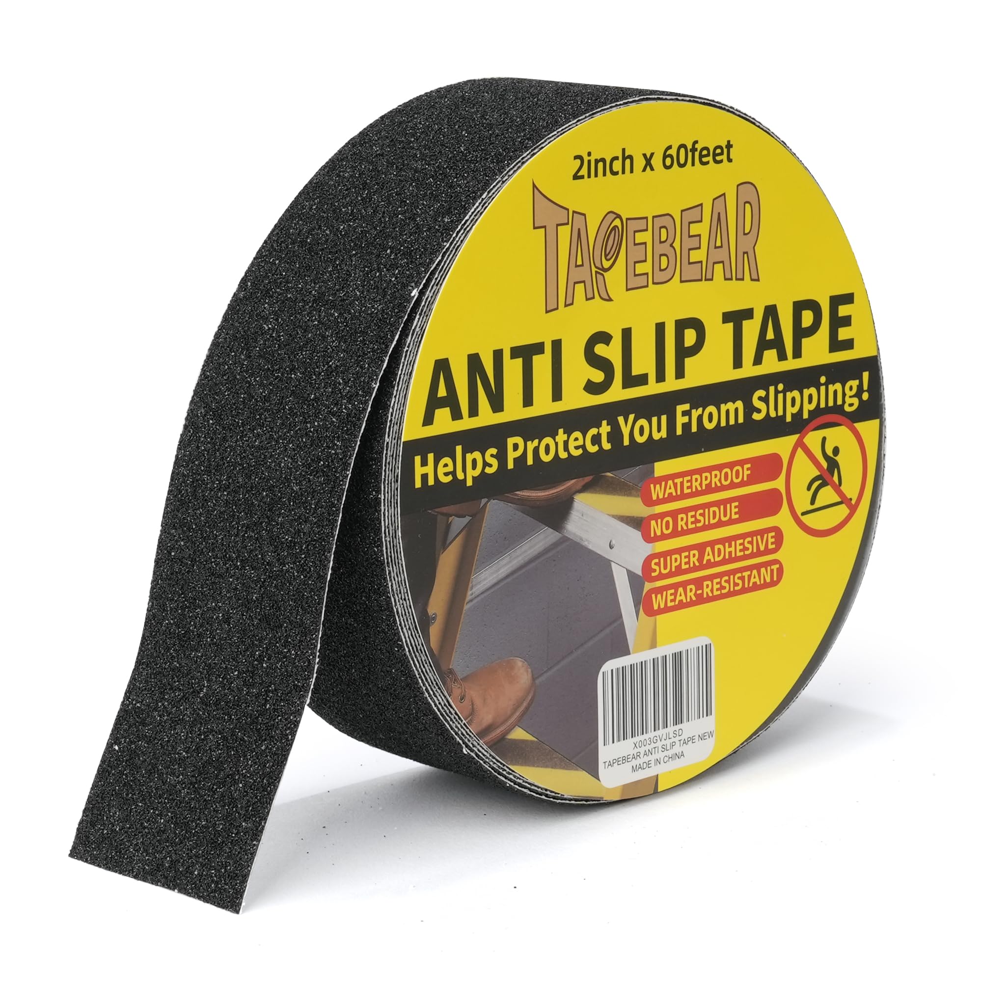 TAPEBEAR Non Slip Hazard Tape, Black Safety Tape, Grip Tape Roll, Anti Slip Caution Tape, Warning Tape for Indoor Outdoor Steps Stairs, Strong Grip, 2inch X 60feet(50mmx18m)