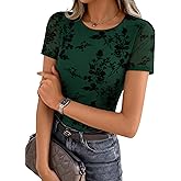 ZESICA Summer Floral Short Sleeve Tops for Womens 2026 Casual Crew Neck Going Out Mesh Shirts Fashion Clothes