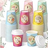 Karenhi 36 Pack 9 oz Floral Paper Cups Bridal Shower Vintage Tea Cup Wedding Disposable Coffee Mugs with Lids for Women Girls Tea Party Decorations Baby Shower(Romantic)