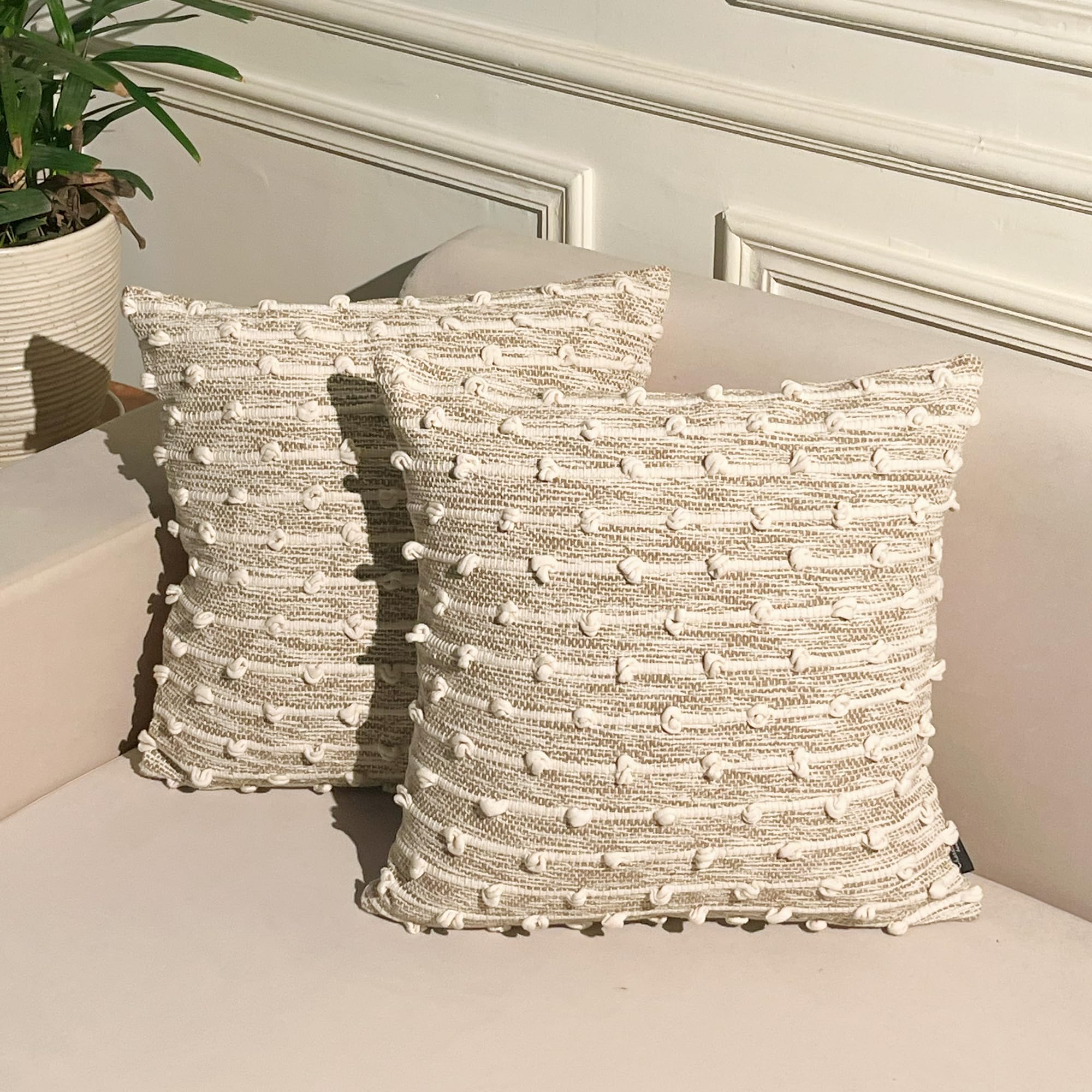 Photo 1 of Chardin home Malibu Boho Pillow Cover, Handwoven Decorative Throw Pillow (Set of 2). Soft Warm Cotton Woven Square Pillow Covers for Couch Sofa Bedroom, Size: 18”x18”, Color: Beige/Off White