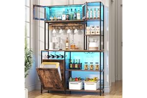 CBBPET Bakers Rack with Power Outlet and LED Light, 67.8" H Farmhouse Coffee Bar Cabinet, Kitchen Microwave Stand with Storage Cabinet, Kitchen Tilt Out Trash Cabinet, Goblet Holder and 8 Hooks