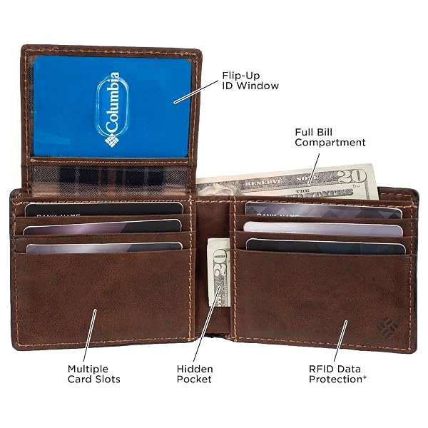 COLUMBIA MENS RFID SLIM BIFOLD WALLET WITH ID WINDOW DARK TAN
