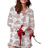 Faretumiya Women Cute Christmas Silk Pajama Bow Tie 2 Piece Xmas Print Pjs Long Sleeve Shirt Ruffle Shorts Set Loungewear