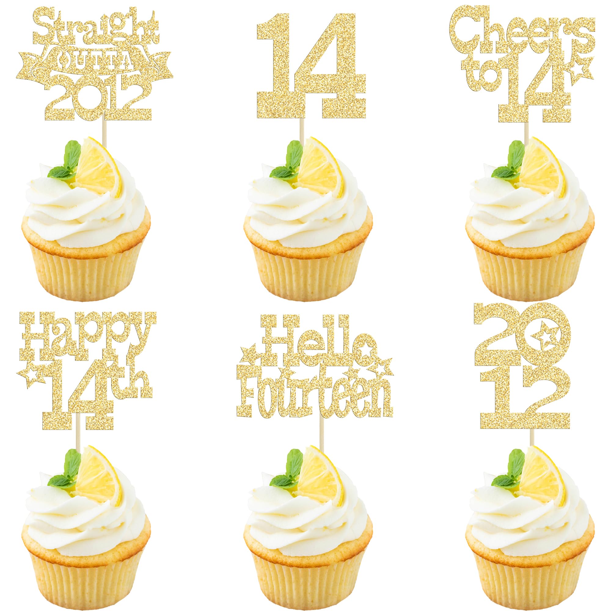 Ephlyn 30Pcs Happy 14th Birthday Cupcake Toppers Glitter Fourteen Straight Outta 2012 Cupcake Picks Cheers to 14 Years Cake Decorations for 14th Birthday Anniversary Party Supplies Gold