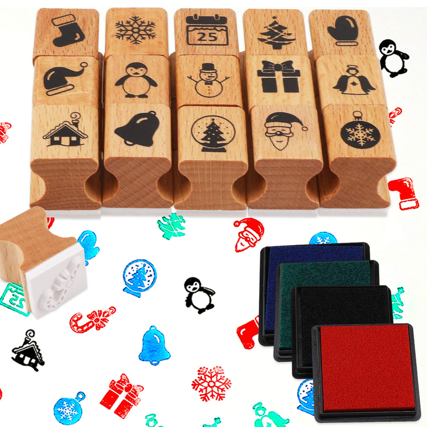 HOWAF Wooden Christmas Stamps Set with Ink Pad for Crafting Card Making, Christmas Stamps Pack for Children Xmas DIY Painting Scrapbooks Christmas Party Bag Fillers Favor Decoration Supplies