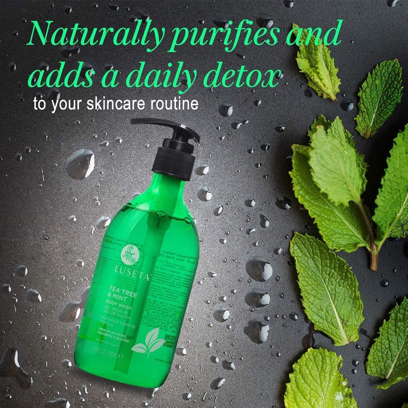 Luseta Tea Tree Oil Body Wash with Mint, Sulfate free, Helps Body Odor, Athlete's Foot, Jock Itch, Ringworm, Yeast Infections, Skin Irritations, Shower Gel for Women/Men 16.9oz