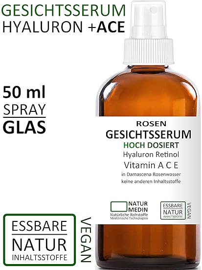 Rosenwasser GESICHTS-SERUM 50ml, Hyaluron-säure Vitamin A C E Retinol, Hochdosiert All-in-1 anti-aging Falten Augen-Gel Serum