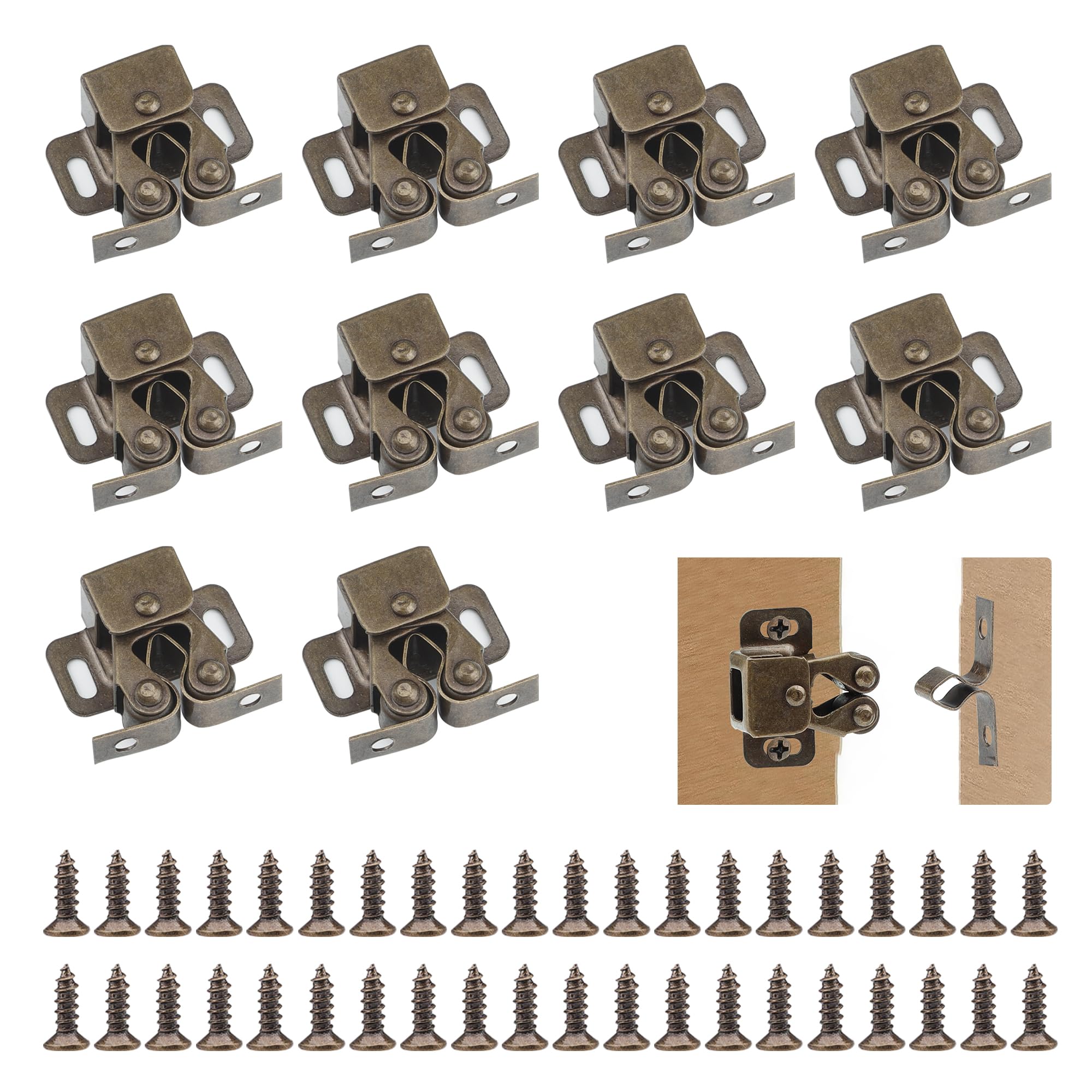 YEYIT 10 Pcs Double Roller Catch Door Catches,Twin Roller Closet Catch Hardware Caravan Door Latch,Cupboard Cabinet Wardrobe Door Latch with 40 Screws Zinc Plated for Wardrobe Furniture（Bronze）