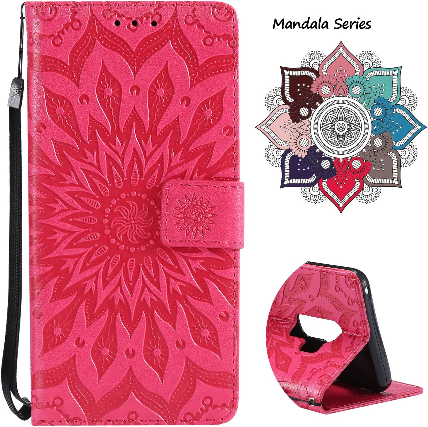 Leather Wallet Case for Samsung Galaxy S9 Plus (2018 Release), Credit Cards & Changes Holder, Colorful Art Mandala Design, Magnetic Durable Flip Cover Kickstand case for S9 Plus(6.2 inch)-Rose