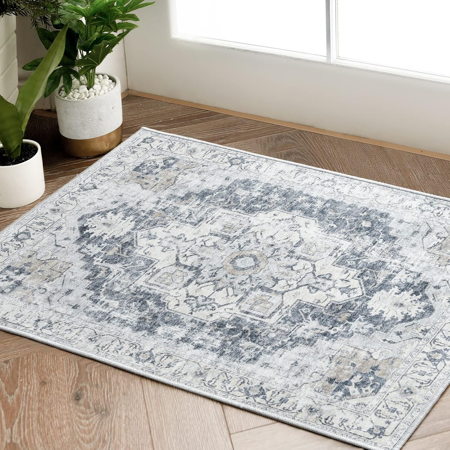 Rugs, Pads & Protectors - jinchan Area Rug 2x3 Persian, Indoor Entryway Vintage Rug Grey Multi Print Retro Distressed Carpet Chenille Mat Foldable Accent Rug Lightweight Bathroom Kitchen Living Room Bedroom