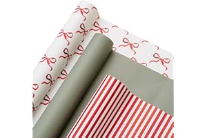 Merry Market 3-pack Premium Matte Christmas Wrapping Paper, Minimal Holiday Gift Wrap, Bows, Solid Mint Green and Red Stripe - 30” x 168” per roll, 105 square feet total