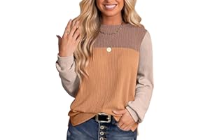 YZEGGO Womens Fashion Color Block Tops Crewneck Knitted Long Sleeve Shirts Casual Loose Fall Pullover with Side Slits