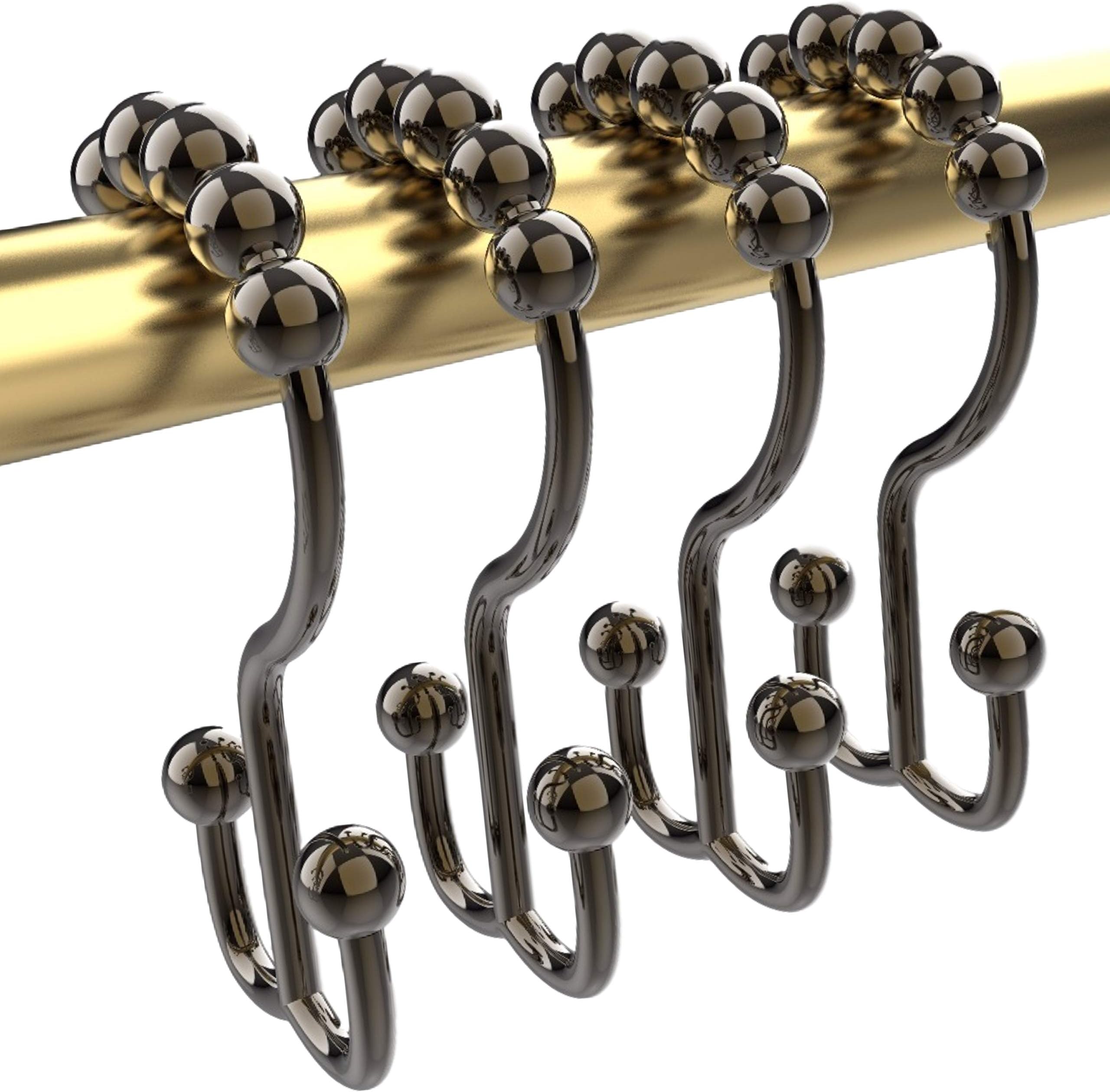 Shower Curtain Hooks Rings, Rust-Resistant Metal Double Glide Shower Hooks for Bathroom Shower Rods Curtains - Set of 12 Hooks - Oil Rubbed Bronze