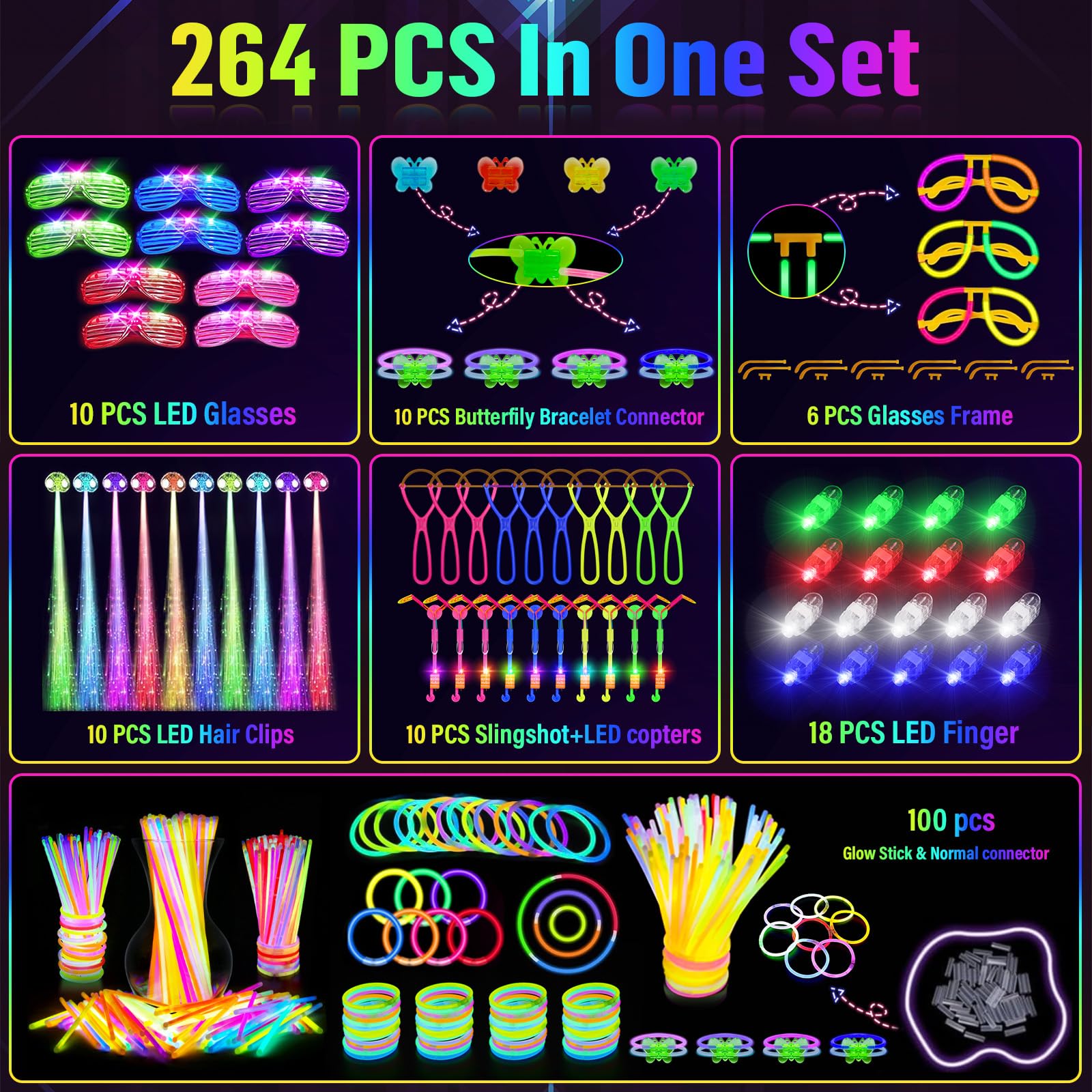 Glow in the Dark Party Supplies, 264 PCS Light Up Party Favors with LED Glasses,Glow Sticks,Finger Lights,LED Hair Clips,Slingshot,Glasses Molds,Butterfly Bracelet for Birthday,Raves,New Year