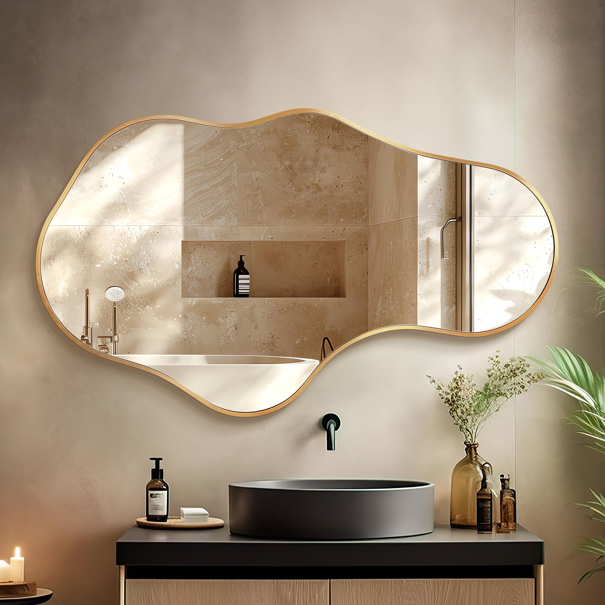 Photo 1 of **FINAL SALE, SEE NOTES**Dorlicecass Irregular Wall Mirror - Wall Mirrors Decorative 22"x 36" Asymmetrical Abstract Mirror Aviation Aluminum Alloy Frame Unique for Bathroom, Bedroom, Living Room, Cloakroom, Entryway Gold