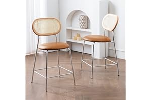 LUE BONA Indoor/Outdoor Faux Leather Bar Stools Set of 2,Rattan and Wood Backrest with Metal Legs, Modern Upholstered Round seat Chair Counter Height Barstool for Bistro Home Restaurant,24",Whiskey Brown