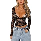 Women Lace Long Sleeve Shirt Top Y2K Slim Fit Crop Top Sexy Lace Low Cut Top Tee Club Streetwear