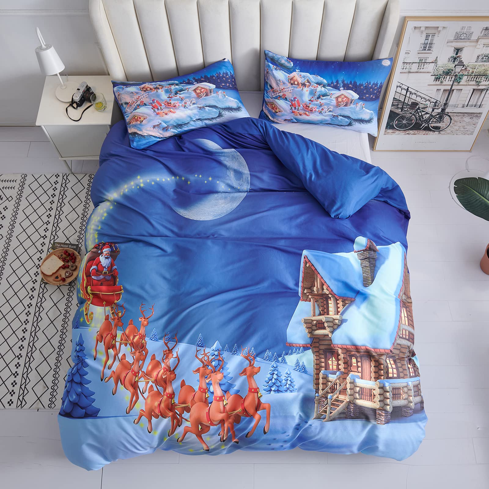 AHERKLL Christmas Bedding,King Duvet Cover Set,Decorative Comforter Cover,Holiday Quilt Cover,Zipper Closure,2 Pillowcases,Santa Claus Deer Starry Night Pattern,3 Pieces,Soft Microfiber,New Year Gift