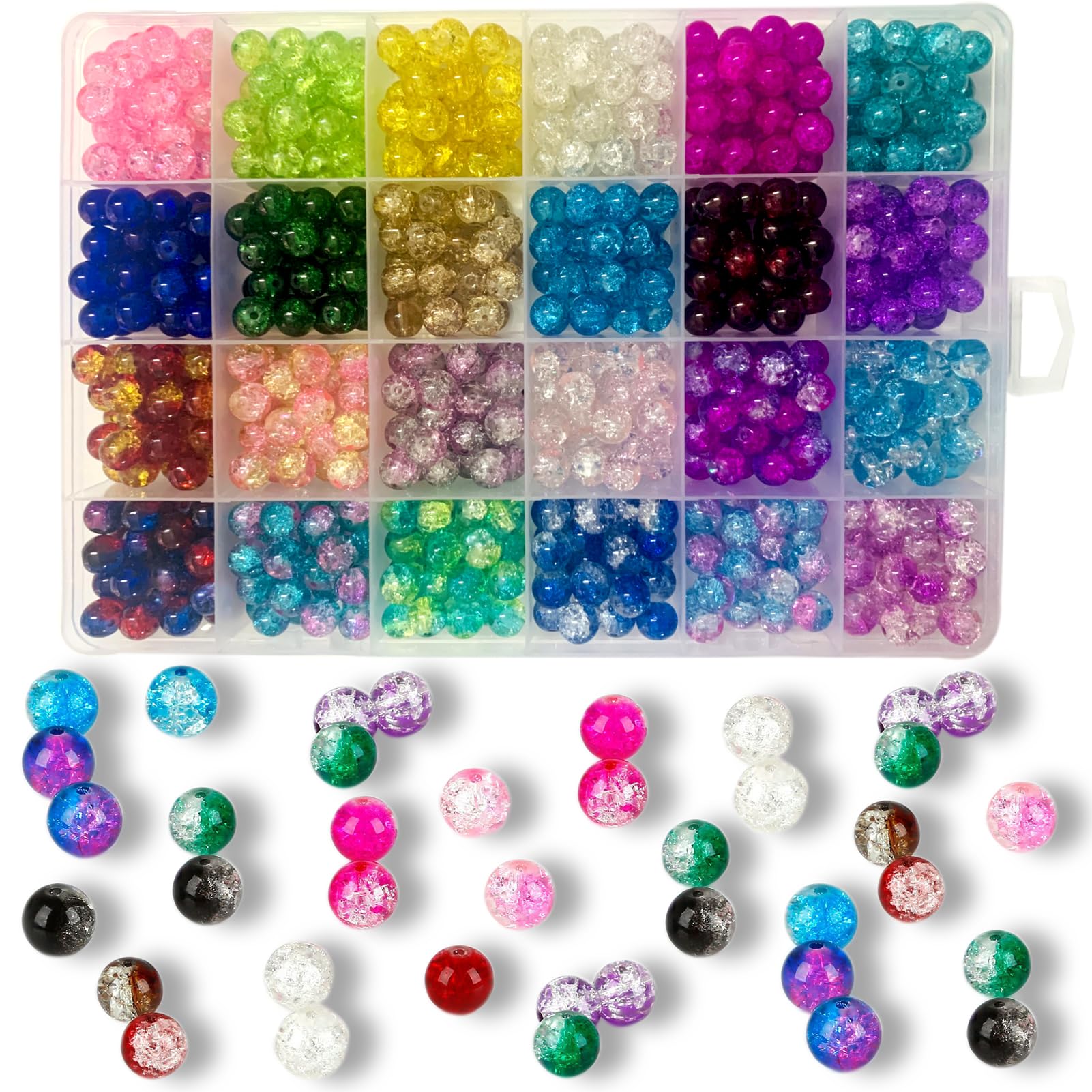 FAPUMOE 600pcs Crackle Glass Beads Set (8mm), 24-Grid Multicoloured Round Handcrafted Crack Lampwork Beads Assortment for DIY Bracelet Necklace Findings Beading Project Jewelry Making