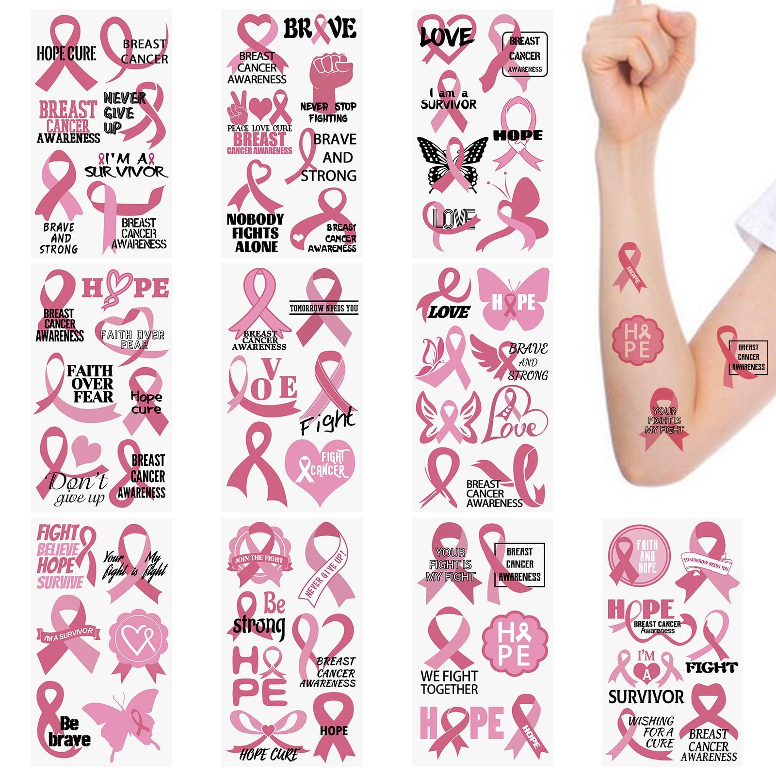 WANDIC 30 Sheets Breast Cancer Awareness Temporary Tattoos, Pink Ribbon Awareness Tattoo Sticker Cancer Survivor Decals for Charity Event Decoration โ image 1