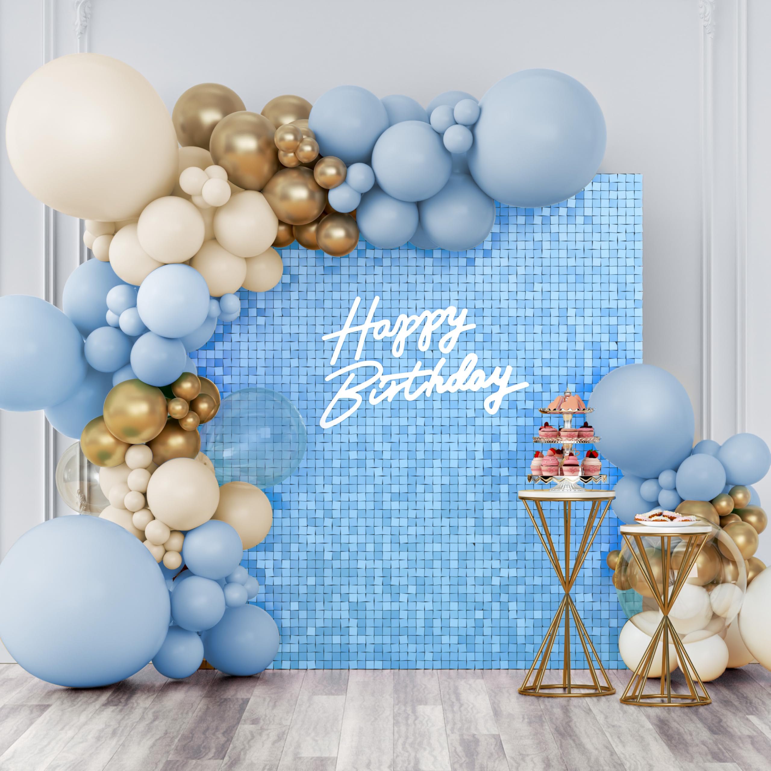 Photo 1 of Shimmer Wall Backdrop Baby Blue Square Sequin Wall Panel Backdrop Decor for Wedding, Anniversary, Birthday, Party, 24 Panels