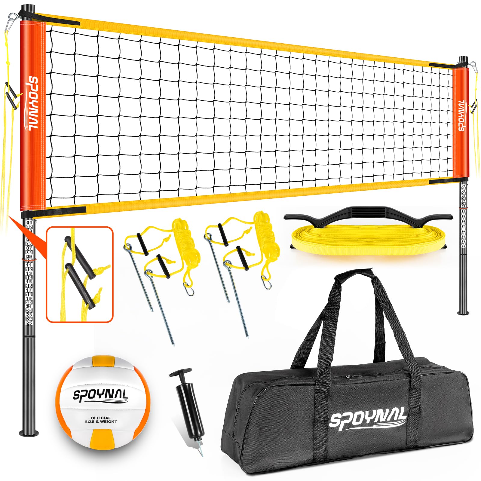 Photo 1 of 32FT Portable Volleyball Net System for Backyard - Adjustable Height Beach & Grass Court Sand-Resistant Outdoor Training Set with Pro-Grade Volleyball, Pump, Boundary Lines & Carry Bag(Bright Orange)