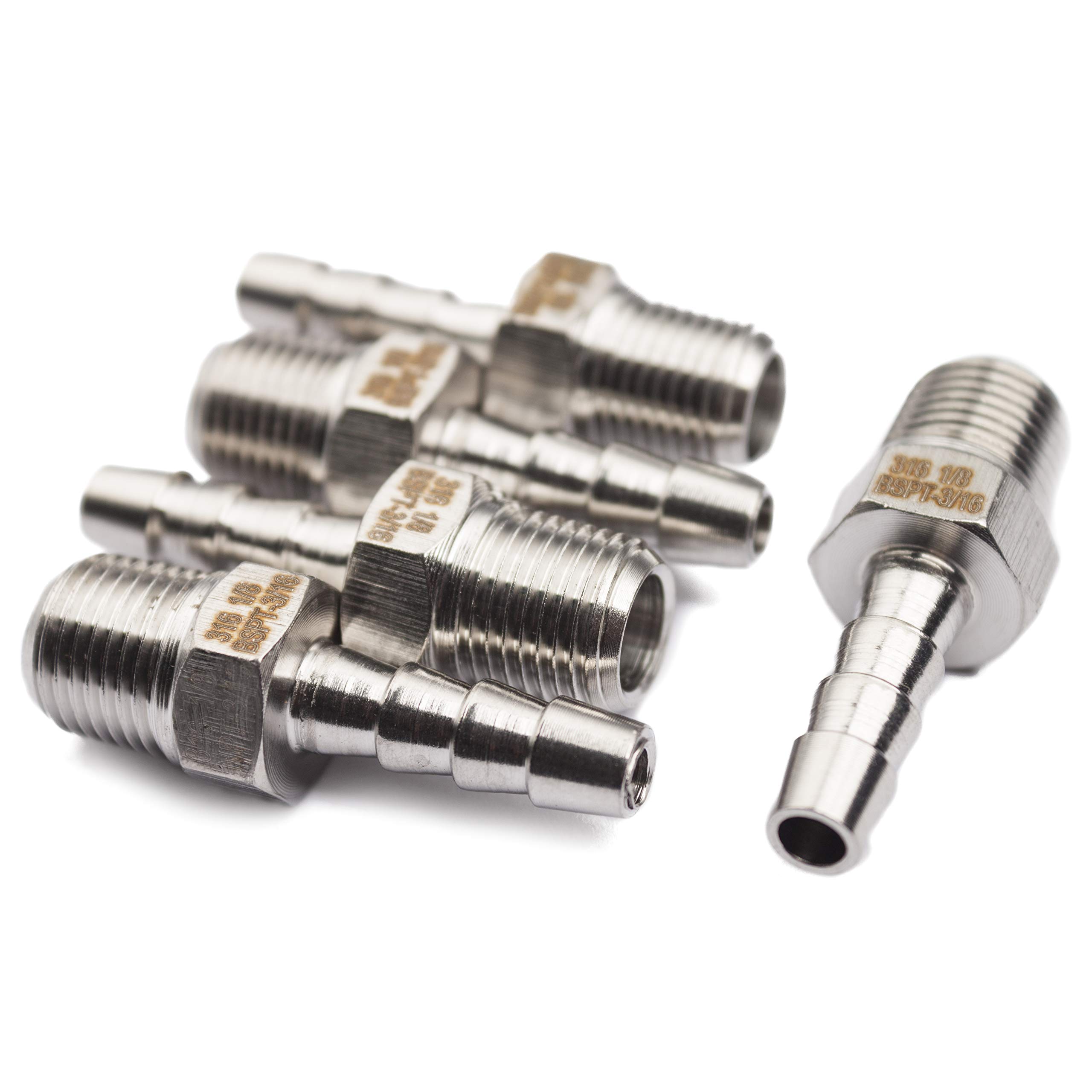 LTWFITTING Stainless Steel 316 Barbed Fitting Connector 1/8" Male BSPT x 3/16"(5mm) Hose Barb Fuel Gas Water (Pack of 5)