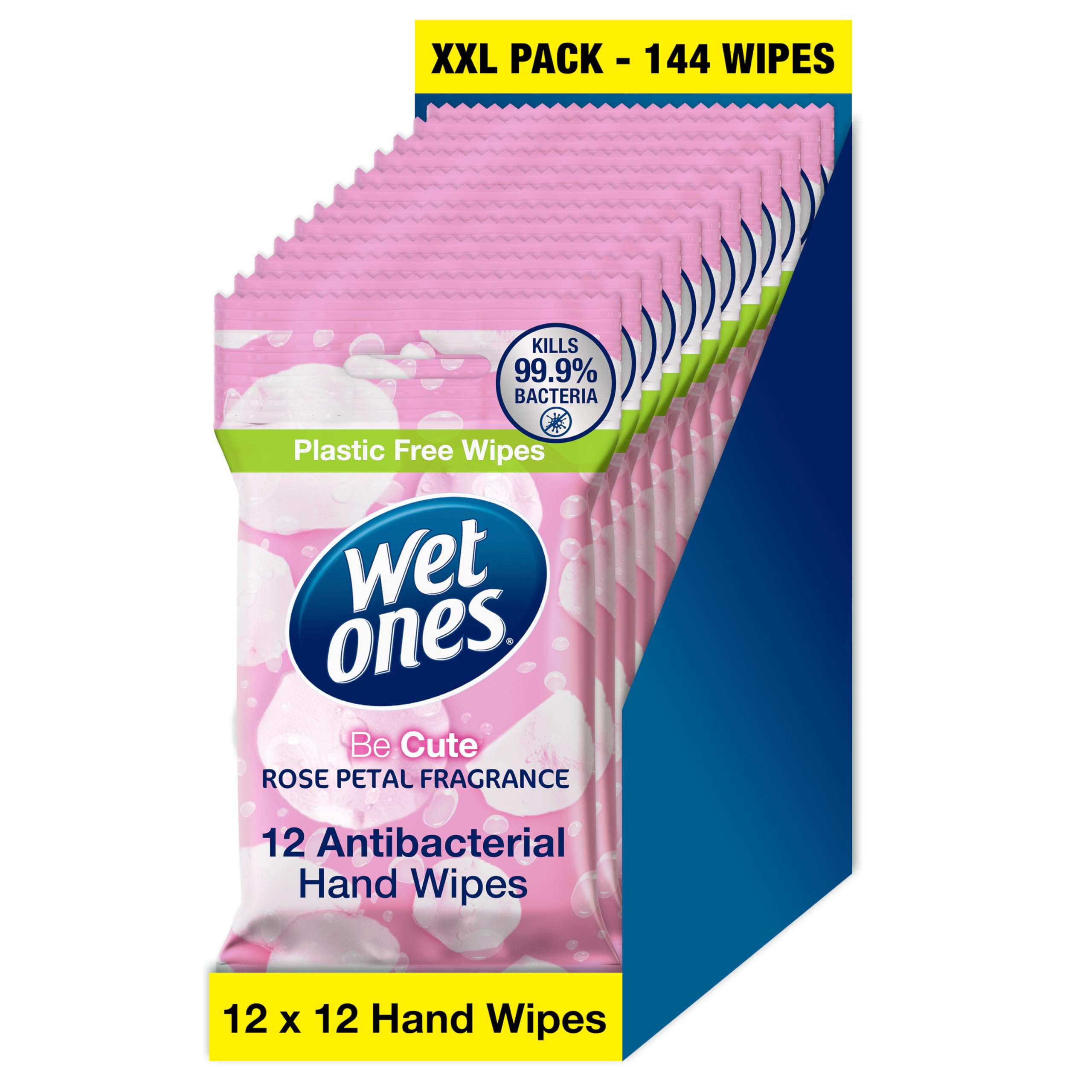 WET ONES - Be Cute, Plastic Free Anti-bacterial Bio-degradable Hand Wipes, 144 Total - 12 packs of 12 wipes