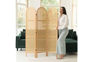Svimi Room Dividers and Folding Privacy Screens, Pine Wood 5.6 Ft Double Hinged Rattan Partition Freestanding Wall Room Divider for Home - 3 Panels (Natural)