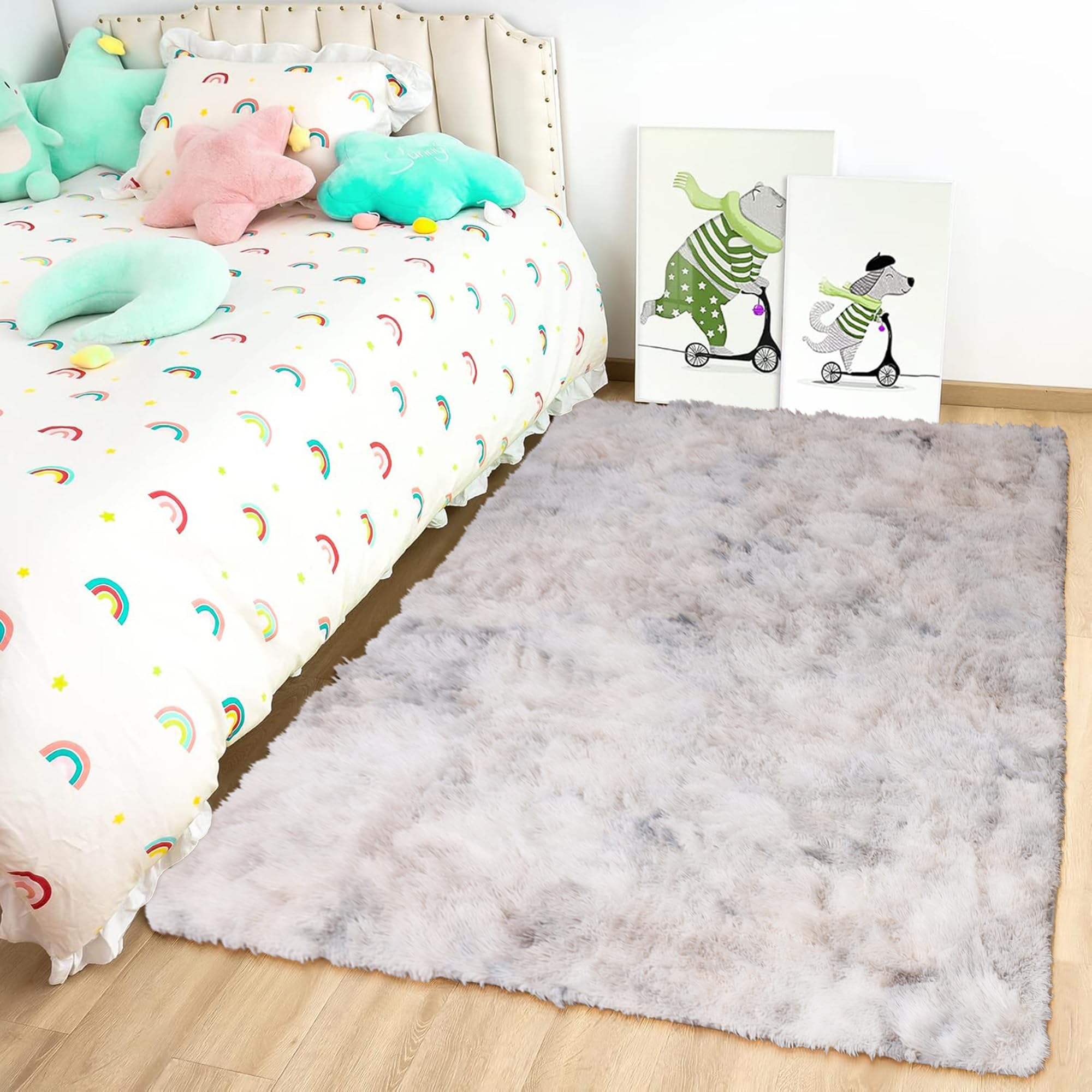 Oxford Homeware Rugs Living Room Small 50x80 CM – Tie-Dye Light Grey Area Rugs for Bedroom Anti Slip – Modern Super Soft Plush Carpets Fluffy Shaggy Rug for Lounge – Non Shedding Kids Bedside Rug