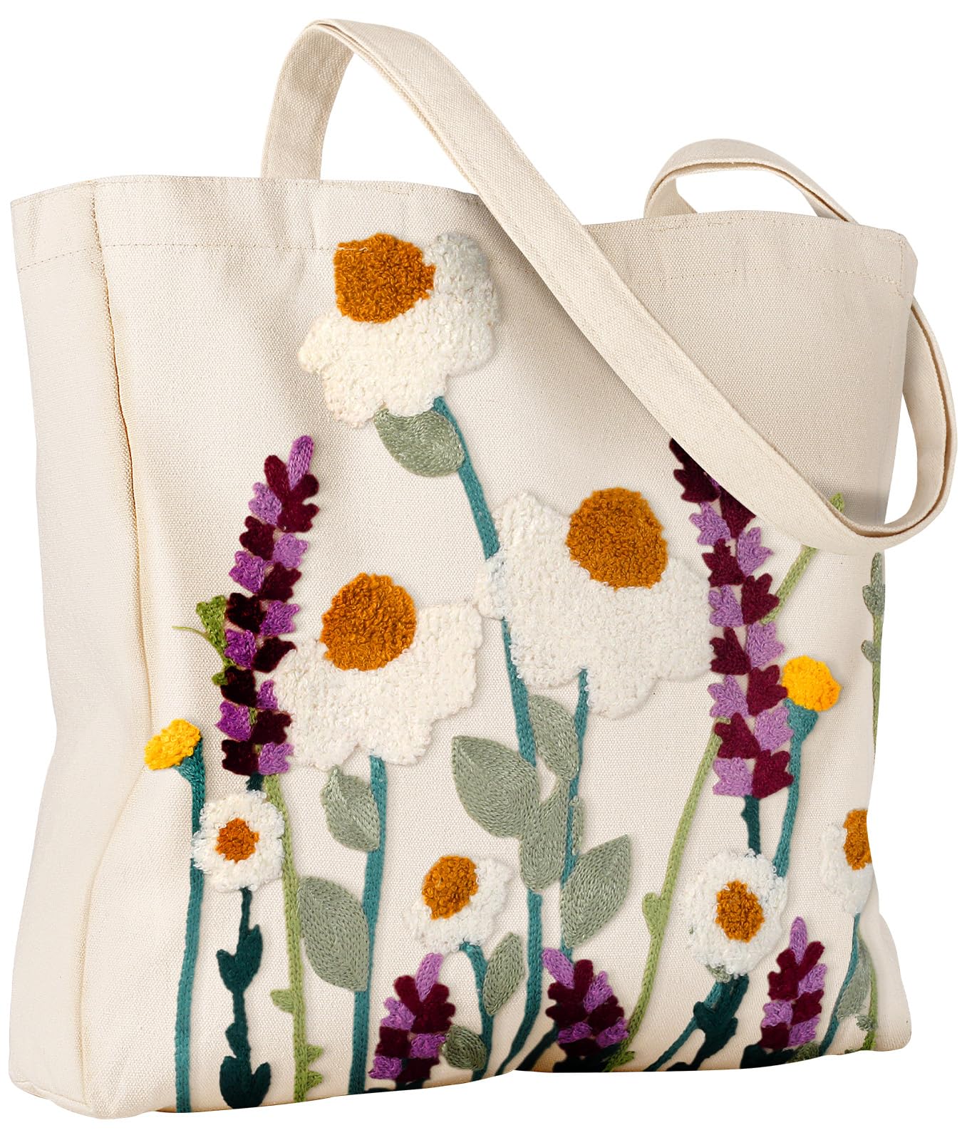 Photo 1 of (USED/FAIR) Miss Adola Aesthetic Embroidery Tote Bag for Women - Reusable Canvas Cloth Shoulder Bag with Cute 3d Wildflower Embroidered Designer Shopping Bag for Grocery, Work, Book, Vacation