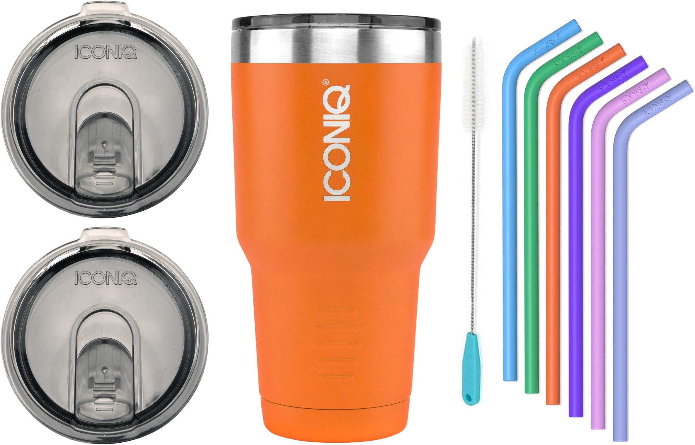 ICONIQ Stainless Steel Vacuum Insulated Tumbler | 30 Ounce | Includes 2 Spill Proof Lids and Set of 6 Reusable Silicone Straws (Orange)