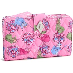 Vera Bradley Women's Disney Premium Cotton Turnlock Wallet – Credit Card, Cash & Coin Holder – Aurora Pink Swirls Fairies